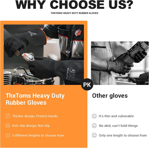 ThxToms Heavy Duty Rubber Gloves, Versatile Latex Chemical Resistant with Anti-Slip Design, 22" 1 Pair