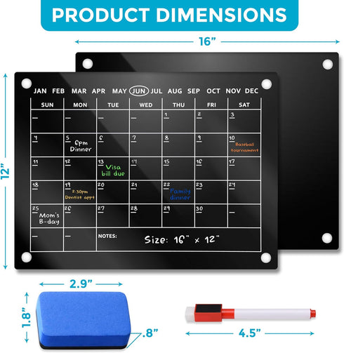 Black Magnetic Acrylic Calendar for Fridge, 2pcs 16"x12", Includes Protective Pads, 6 Magnetic Markers, Magnetic Eraser
