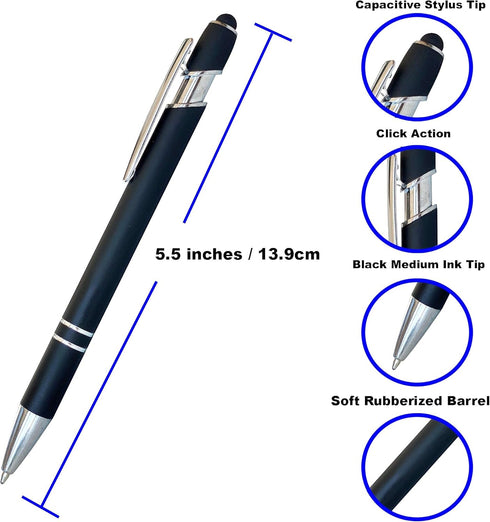 Lenden Pack of 5 Rubberized Comfort Soft Touch 2 in 1 Ballpoint Pen, Capacitive Stylus Tip, Premium Metal Medium Point,