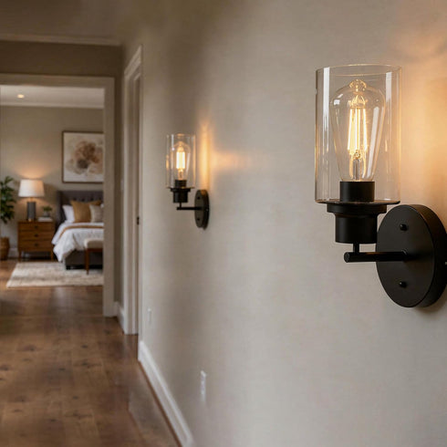 1-Light Black Bathroom Wall Sconce with Clear Glass Shade, Modern Vanity Light Fixture Over Mirror for Bathroom