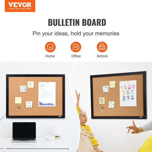 VEVOR 36" x 24" Cork Board for Office, Framed Bulletin Board with Push Pins for Home and School