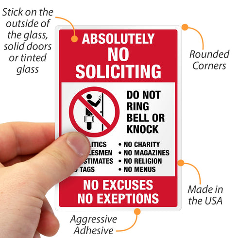SmartSign No Soliciting Stickers, Pack of 3, One 3.75"x5.5" & Two 2.75"x4", No Excuses No Exceptions, Made in USA
