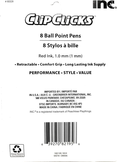 INC Retractable Ball Point Pens, 1.0 mm, Red Ink, 8-Pack