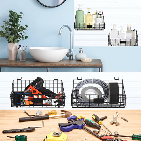 4 Pcs Slatwall Baskets with Hooks, Black Wire Hanging Basket Storage for Pantry Kitchen Garage