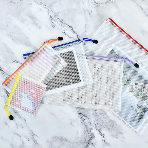 Vuzvuv 34pcs Mesh Zipper Pouch Set - 8 Sizes Plastic Document Pouch with Label Stickers, 8 Colors Waterproof for File,