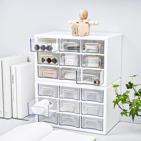 FODIENS Desk Storage Organizer with 9 Drawers, Stackable Craft Drawer Cabinet, Clear Box Caddy for Makeup Jewelry Office