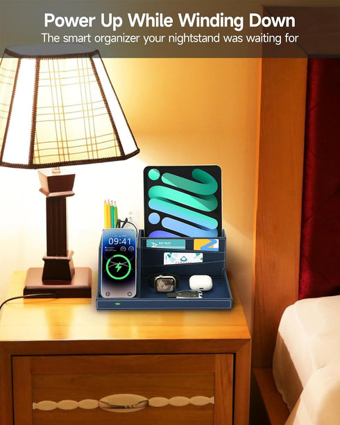 Desk Organizer with Charging Station, Nightstand Organizer Phone Docking Station, Men Gift Husband Wife Anniversary Dad