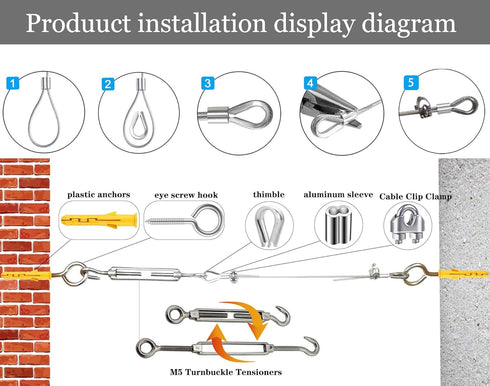 1/8 Kit,100ft M5 Wire Rope Vinyl Coated Stainless Steel Cable with Turnbuckles for Outdoor String Light Hanging Kit