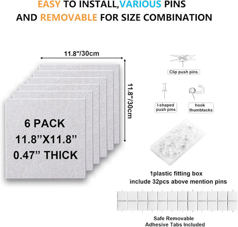 Large Felt Wall Tiles Bulletin Board, 6 Pack 11.81”x11.81”x0.47” with Safe Removable Adhesive Tabs for Home Office