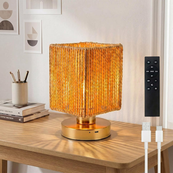 Rattan Table Lamp, 6000mah Battery Operated Table Lamp, Boho Small Desk Lamp,