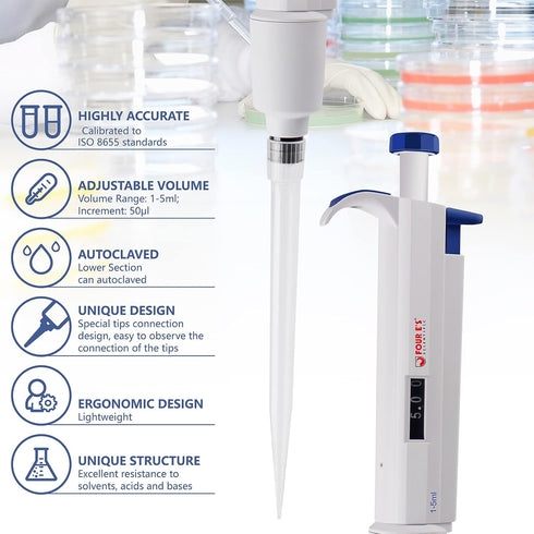5mL Adjustable Volume Pipette, 1-5mL Lab Single Channel Micro Pipettor for Laboratory Scientific Use