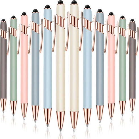 Tenare 12 Pieces 1.0 mm Black Ink Metal Ballpoint Pen with Stylus Tip, 2 in 1 Stylus Ballpoint Pen (Morandi Color)