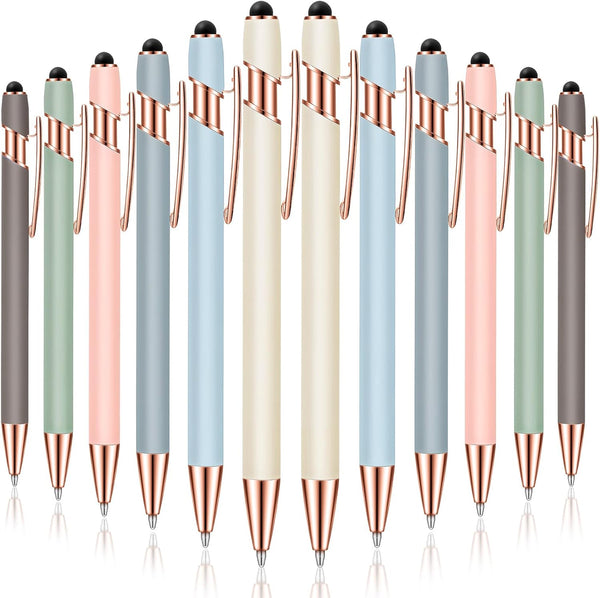 Tenare 12 Pieces 1.0 mm Black Ink Metal Ballpoint Pen with Stylus Tip, 2 in 1 Stylus Ballpoint Pen (Morandi Color)