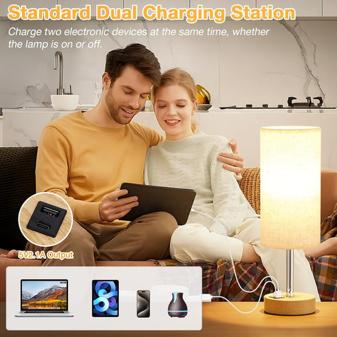 3 Dimmable 14in Dicoool Touch Bedside Table Lamp with USB - Way Wood Lamp for Bedroom Nightstand, Desk Lamp