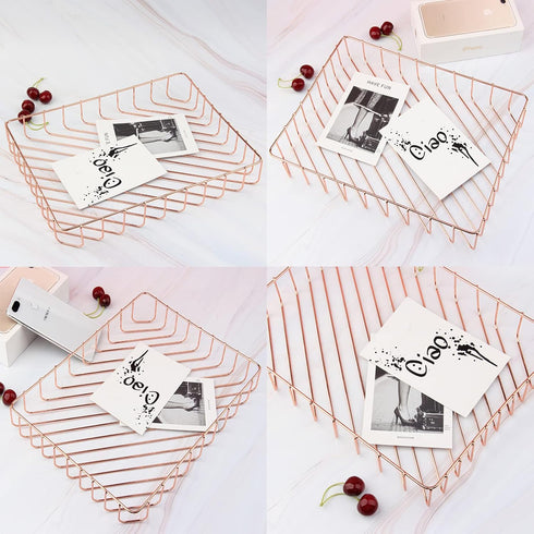 Okllen 3 Pack Wire File Tray, Rose Gold Paper Tray Desk Letter Tray for Office, Large Documents Storage Basket Organizer