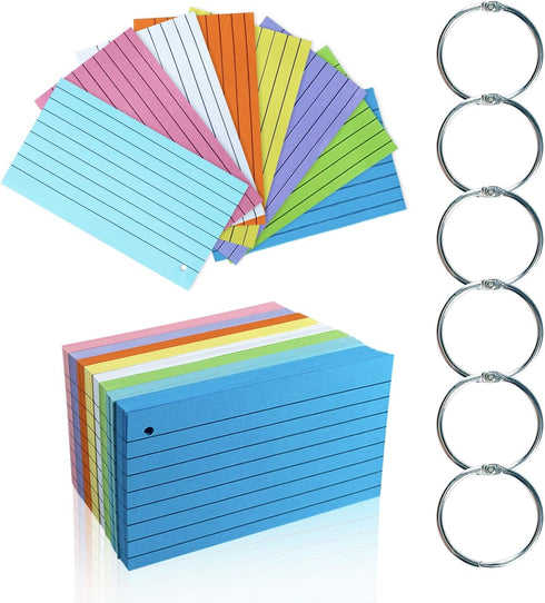 TFLFL 3x5 Inch, 300PCS 8 Index Paper Cards Flash Cards with Rings, Thin Paper Colors Ruled Index Cards, Assorted Lined