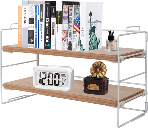 PowerKing Desk Shelf Organizer, 2-Tier Desktop Shelves with Wood Board, Adjustable Bookshelf Storage