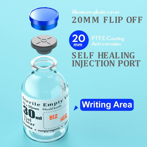 Sterile Empty Vials with Self Healing Injection Port, Flip Off Aluminum Cap, Sterile Package (30ml, 10)