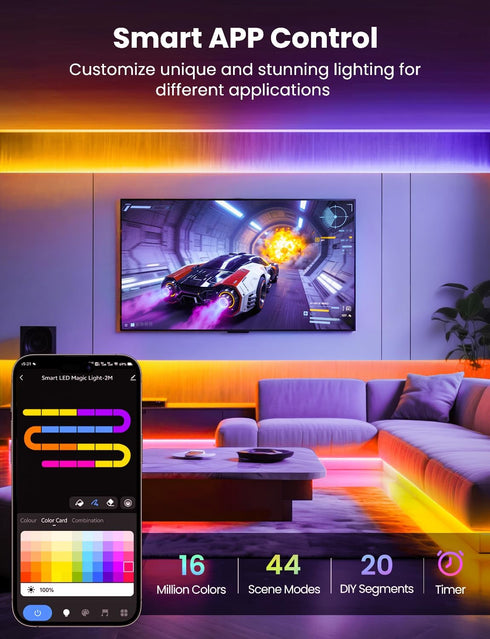 YULINKCO 16.4ft 44 RGB+IC LED Strip Light, Smart LED Light for Bedroom, Bluetooth APP Control, Color Changing LED Strip