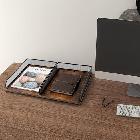 Set of 2 Vintage Black Wood & Metal Letter Tray, Desk Organizers Paper Tray, Office File Organizer
