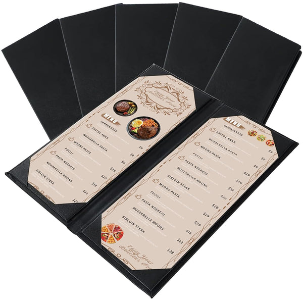 Menu Covers 4.25" x 11" 5 Pack 2 View Black PU Leather