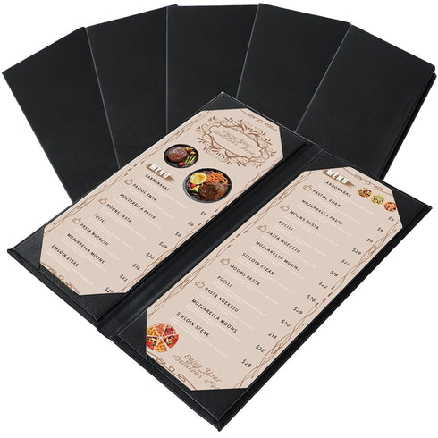 Menu Covers 4.25" x 11" 5 Pack 2 View Black PU Leather