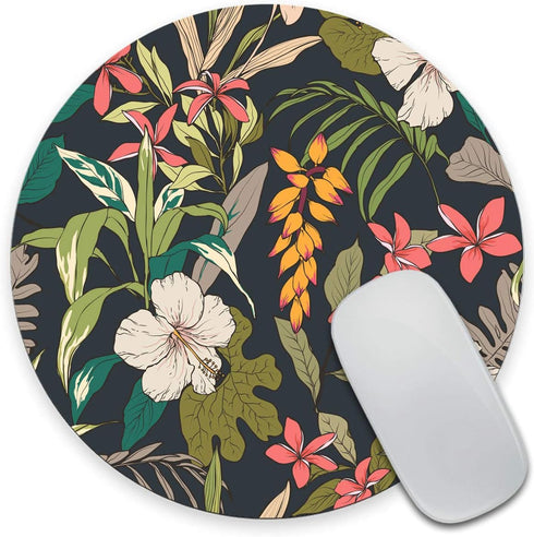 Tropical Flower Mouse Pad, Round Floral Print Mouse Mat for Office Present and Desk Accessories