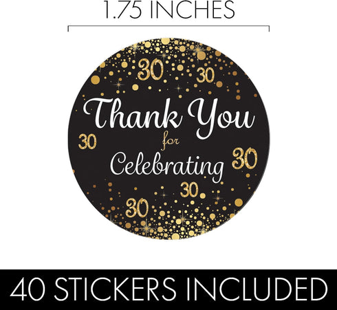 Black and Gold 30th Birthday Thank You Stickers - 1.75 in - 40 Labels