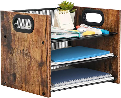 Wood Desk Organizer - 3 Tier Paper Organizer, File Organizer, Document Organizer for Office Desk Accessories
