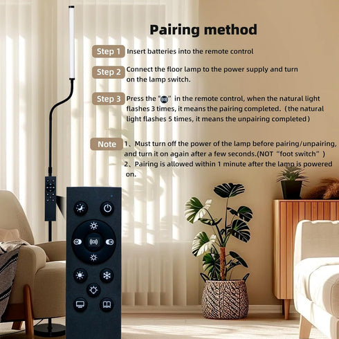 L SHY-U L Floor Lamp with Adjustable Height & Flexible Arm, Remote & Foot Switch, Slim Design & Even Lighting