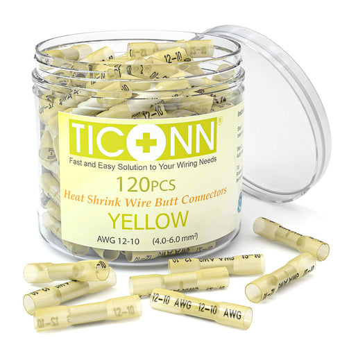 TICONN Yellow 120PCS Heat Shrink Butt Wire Connector Kit, Insulated Waterproof Electrical Wire Crimp