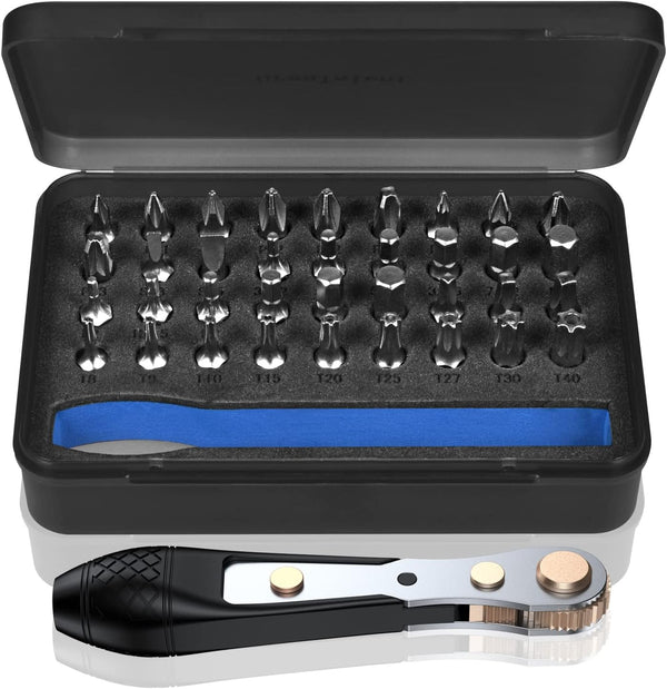 37pcs Mini Ratchet Screwdriver Set with 1/4" S2 Steel Bits, 90 Degree Right Angle Screwdriver, Magnetic Bit Holder