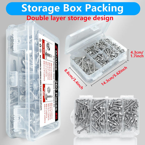 Self Drilling Screws #8 Assortment Kit, 260PCS 410 Stainless Steel Sheet Metal Screws for Metal Wood Building