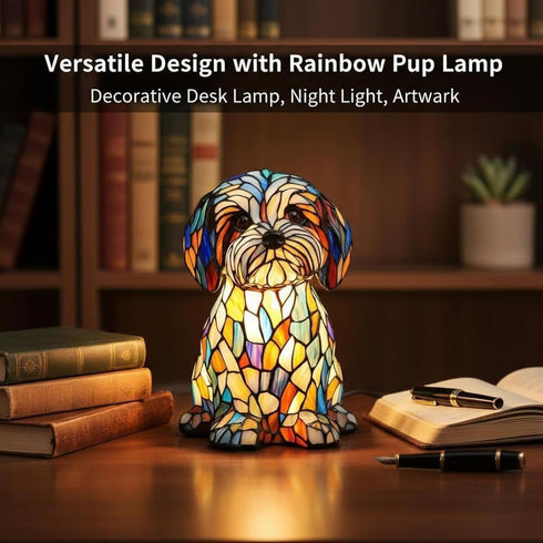 Generic 6.3inch Rainbows Pup Lamp Stained Glass Resin Dog Table Lamp, USB Powered LED Night Light for Bedroom, Desk