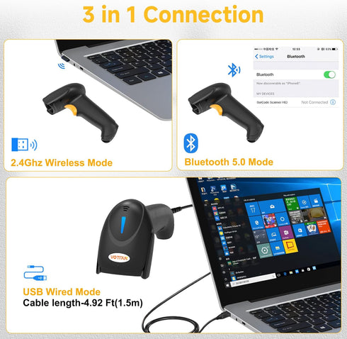 VOTTAN 2D 2.4G 1D PDF417 2D QR Barcode Scanner, Bluetooth & Wireless & USB Wired Connect iPad Phone Tablet PC POS, UPC