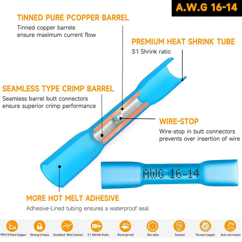 140pcs 16-14 Gauge Heat Shrink Butt Connectors, Marine Grade Insulated Butt Splice, Waterproof Pre-Insulated Wire Crimp