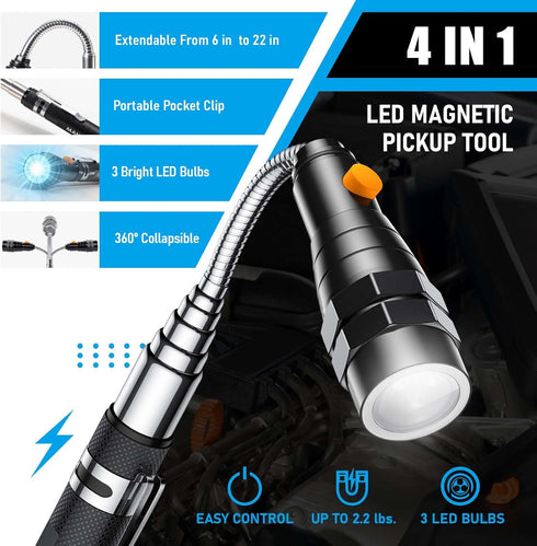 FFIPBGE 3 Telescoping Magnet Pickup Tool with LED Magnetic Flashlight, Gifts for Men, Him, Adults, Cool Gadgets