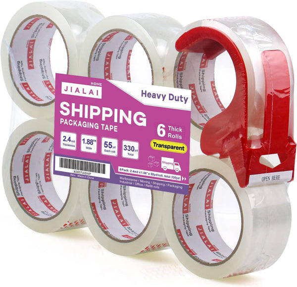 Heavy Duty Transparent Packing Tape - 6 Rolls with Refillable Dispenser, Industrial Grade for Shipping, Moving,