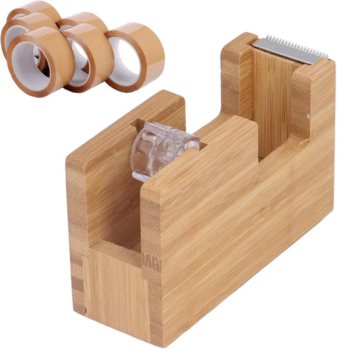 Pssopp Desktop Tape Dispenser, Mini Bamboo Wood Tape Cutter Holder, Adhesive Roll Base Stationery Tool