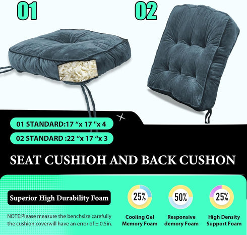 lihtsofty Pads,Set 2 Blue,22x17x3/17x17x4 Rocking Chair Cushion, High-Density Sponge,Memory Foam Non Slip,FadeShield