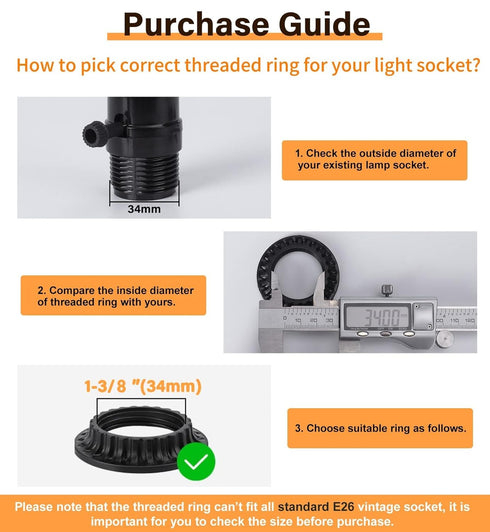 DiCUNO E26 Lamp Shade Rings, Black Threaded Reducer Light Socket Collar Ring 1-3/8 Inches (34mm) and 1-1/2 Inch (39mm)