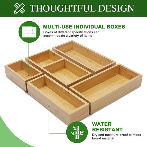Bamboo Drawer Organizer Set, 5 PCS Multi-Use Individual Wood Storage Organizers for Kitchen, Bathroom, Office