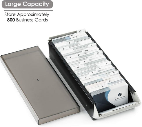 MaxGear Business Card Holder for Desk, Business Card Organizer Business Card Case, Credit Card Holder File, Index Card Box Storage, Capacity: 800 Cards (3.5” x 2.2”), A-Z Tabs, Metal Structure, Black