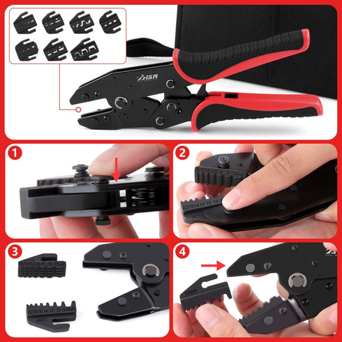 Zhushan 8PCS Wire Crimping Tool Set - Ratcheting Crimper Kit with Interchangeable Dies for Heat Shrink Connectors,