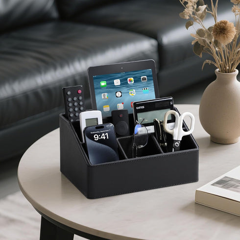 PU Leather Desk Organizer, Luxury Remote Control Holder for Home, Office Desk Accessories Table Caddy Bedside