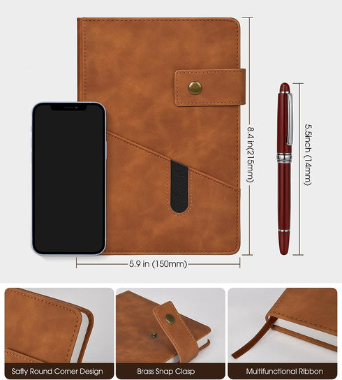 Brown A5 Lined Leather Journal Notebook for Men Women,5.9 X 8.4" Personalized Hardcover Journal with Pen,200 Pages 100 Gsm Thick Ruled Paper Daily Diary for School,Travel,Business,Work,Home Writing by vfaejll