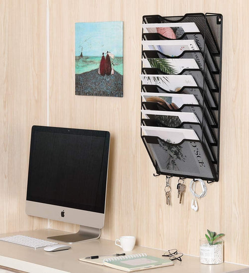 EasyPAG 8 Pocket Hanging File Organizer, Wall Mount File Holder with 5 Key Hook for Office and Classroom, Black