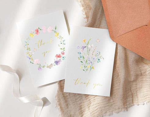 Generic 20 pack 4" 6" Floral Thank You Cards with Adhesive Envelopes, Gold Foil x Watercolor Wildflower Thank You Cards