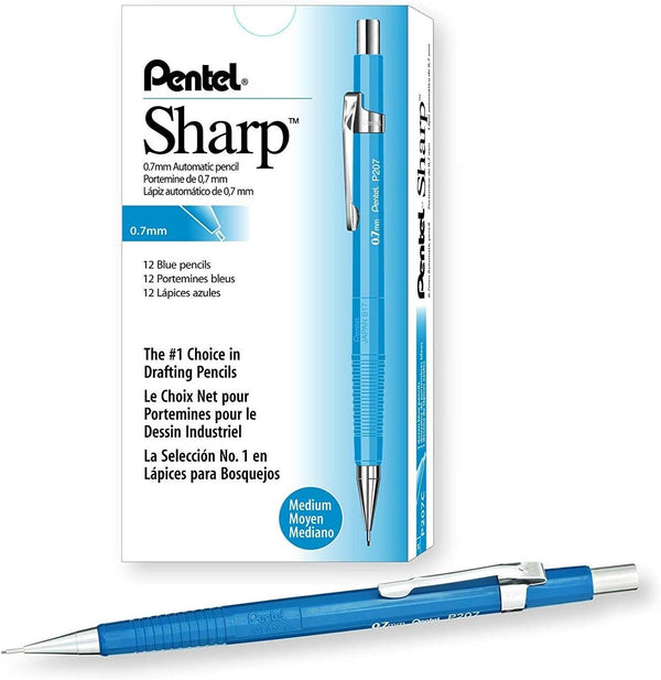 Pentel Sharp Mechanical Pencil, 0.7mm Medium Line, Blue Barrel, Box of 12 (P207C)