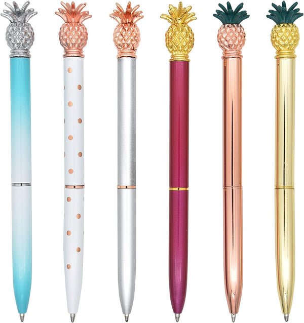 Gullor 6 Pieces Pineapple Pens, Bling Metal Ballpoint Pens for School Office Supplies, 1.0 mm Black Ink